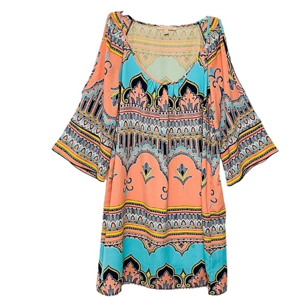 Gibson Latimer Dress Geometric Print 3/4 Sleeve Cold Shoulder Print Made/USA S